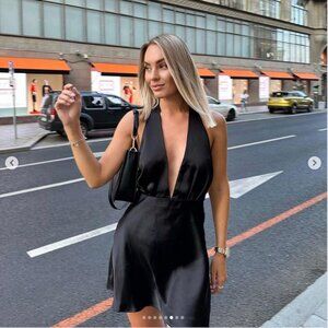 Zara Satin Effect Deep V Halter Mini Dress NWT Black Size Small Blogger Fav